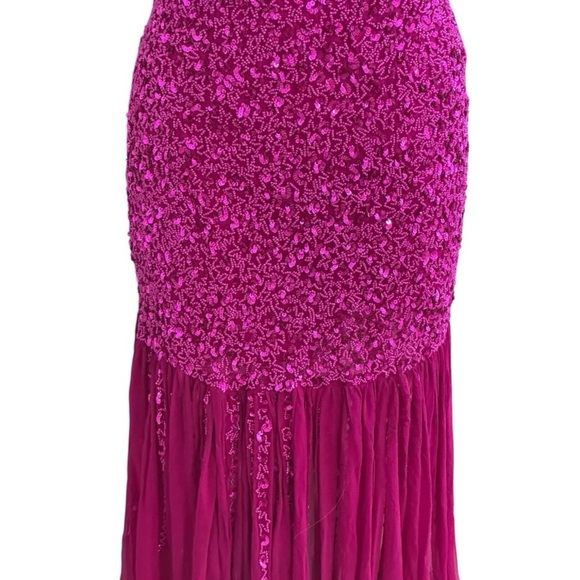 SCALA Beaded Maxi Midi Dress Side Slit Padded 100% Silk Pink Magenta Size M Prom - Picture 4 of 12